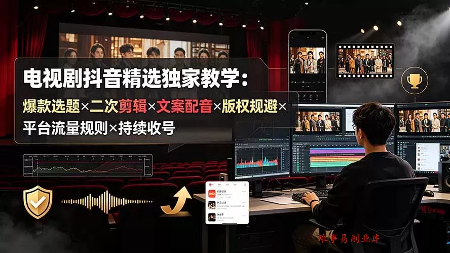 电视剧抖音精选独家教学：爆款选题×二次剪辑×文案配音×版权规避×平台流量规则×持续收益账号-难事易副业库