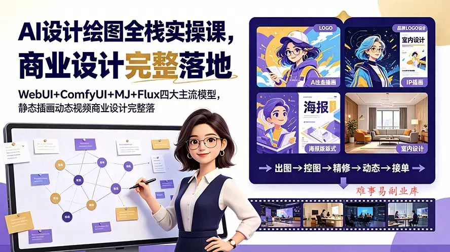 AI设计绘图全栈实操课，WebUI+ComfyUI+MJ+Flux四大主流模型，静态插画动态视频商业设计完整落地教程-难事易副业库