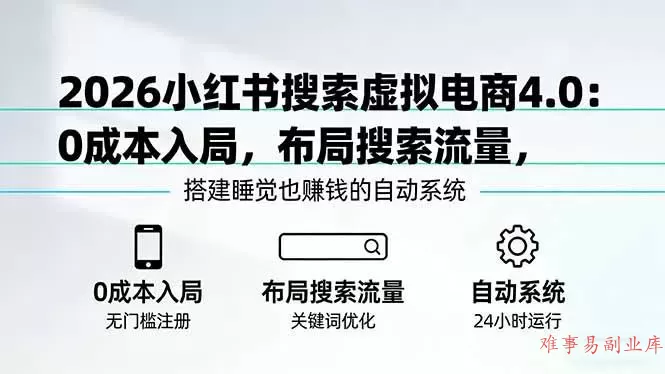 （17659期）2026小红书搜索虚拟电商4.0：0成本入局，布局搜索流量，搭建睡觉也赚钱的自动系统-难事易副业库
