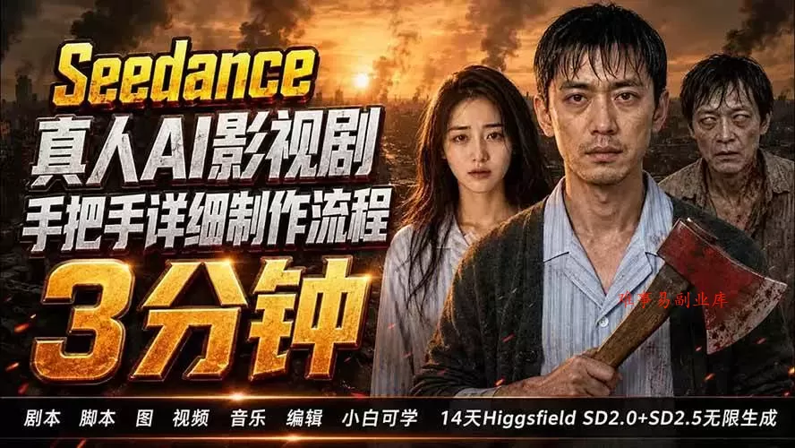 （19706期） 3分钟真人AI影视剧怎么做？SD 2.0手把手完整制作流程｜Higgsfield 14天SD 2.0/2.5无限生成-难事易副业库