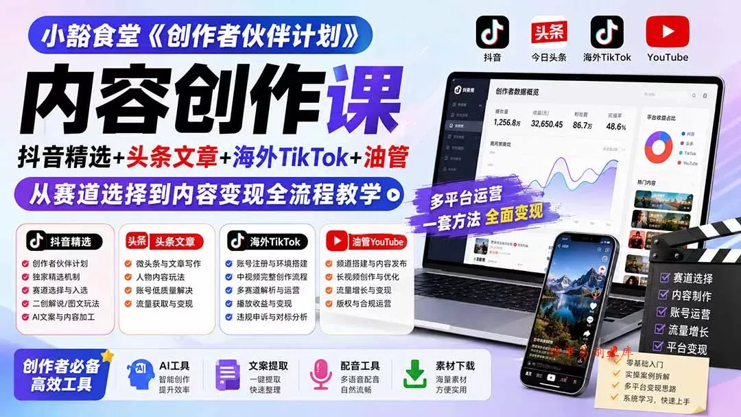 小豁食堂《创作者伙伴计划》内容创作课：抖音精选+头条文章+海外TikTok+油管，从赛道选择到内容变现全流程教学-难事易副业库