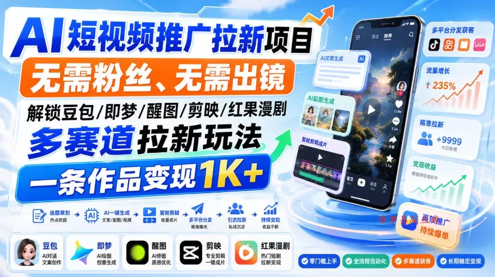 AI短视频推广拉新项目，无需粉丝、无需出镜，解锁豆包/即梦/醒图/剪映/红果漫剧多赛道拉新玩法，一条作品变现1K+-难事易副业库