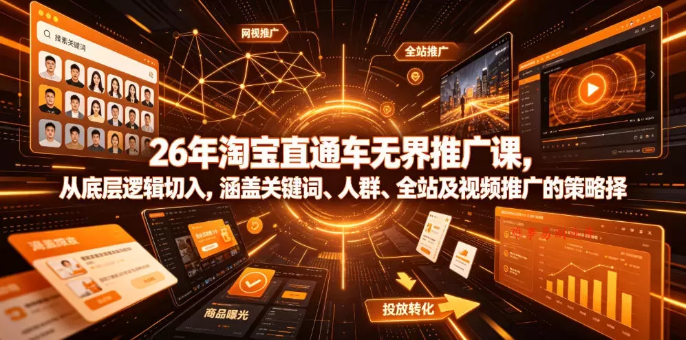 26年淘宝直通车无界推广课，从底层逻辑切入，涵盖关键词、人群、全站及视频推广的策略选择-难事易副业库