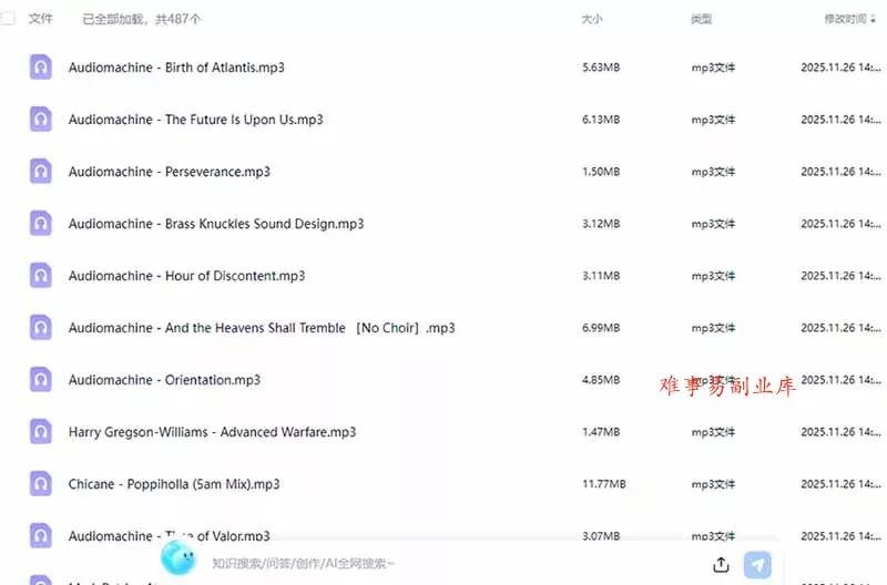 某宝付费购买，常用6G音效合集！970+首宣传片背景音乐，无版权可商用大气素材，分类清晰，高质量内容