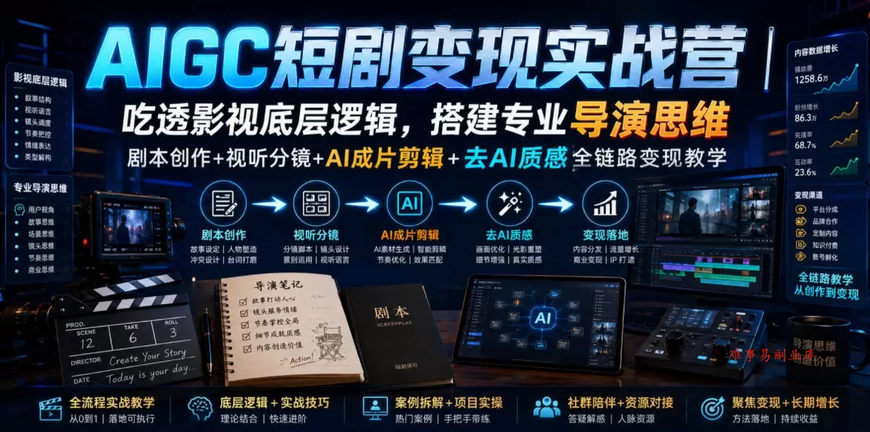 AIGC短剧变现实战营｜吃透影视底层逻辑，搭建专业导演思维，剧本创作+视听分镜+AI成片剪辑+去AI质感全链路变现教学-难事易副业库