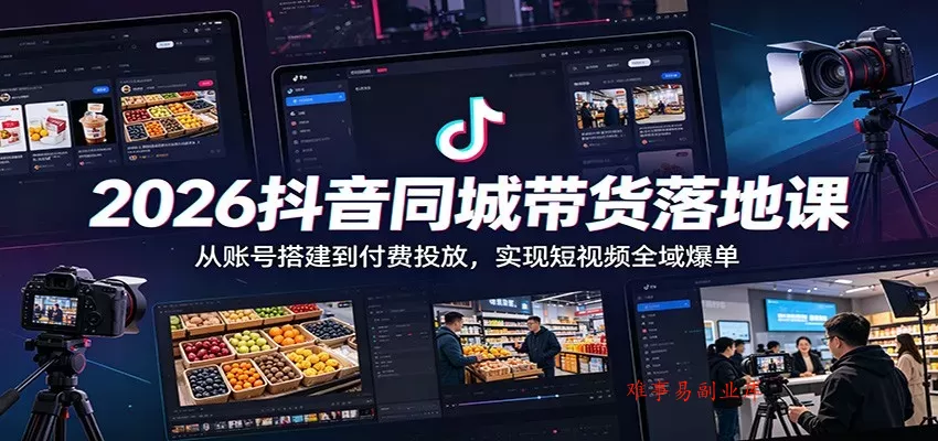 2026抖音同城带货落地课：从账号搭建到付费投放，实现短视频全域爆单-难事易副业库