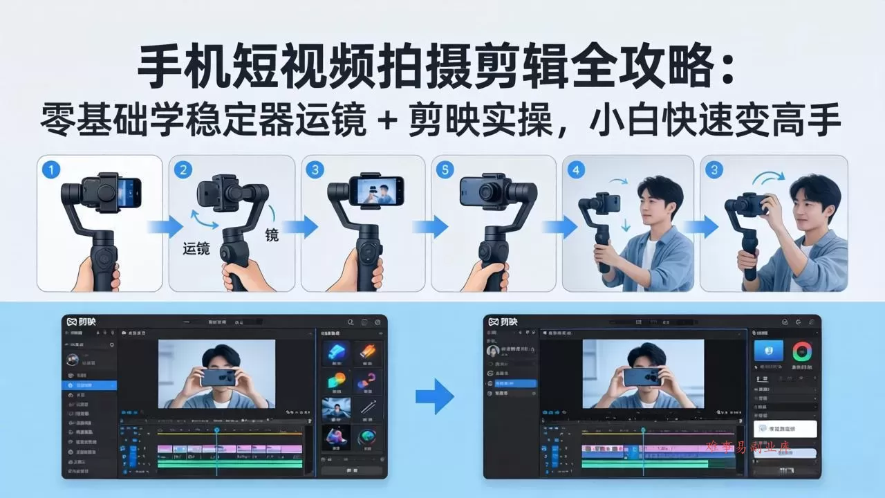 手机短视频拍摄剪辑全攻略：零基础学稳定器运镜 + 剪映实操，小白快速变高手-难事易副业库