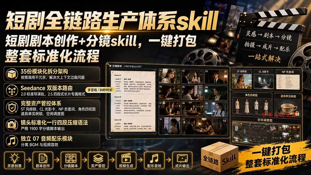 短剧全链路生产体系skill，短剧剧本创作+分镜skill，一键打包，整套标准化流程-难事易副业库