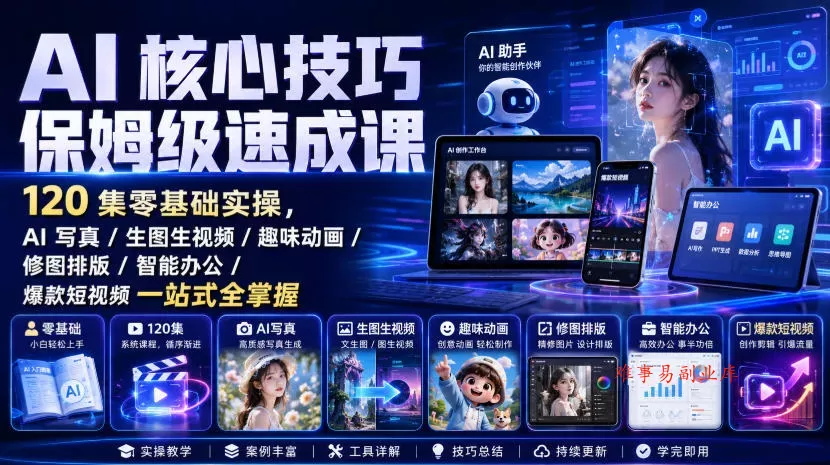 AI核心技巧保姆级速成课｜120集零基础实操，AI写真/生图生视频/趣味动画/修图排版/智能办公/爆款短视频一站式全掌握(更新)-难事易副业库