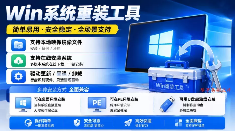 Win系统重装工具,支持本地映像镜像文件安装备份,简单易用-安全稳定-全场景支持-难事易副业库