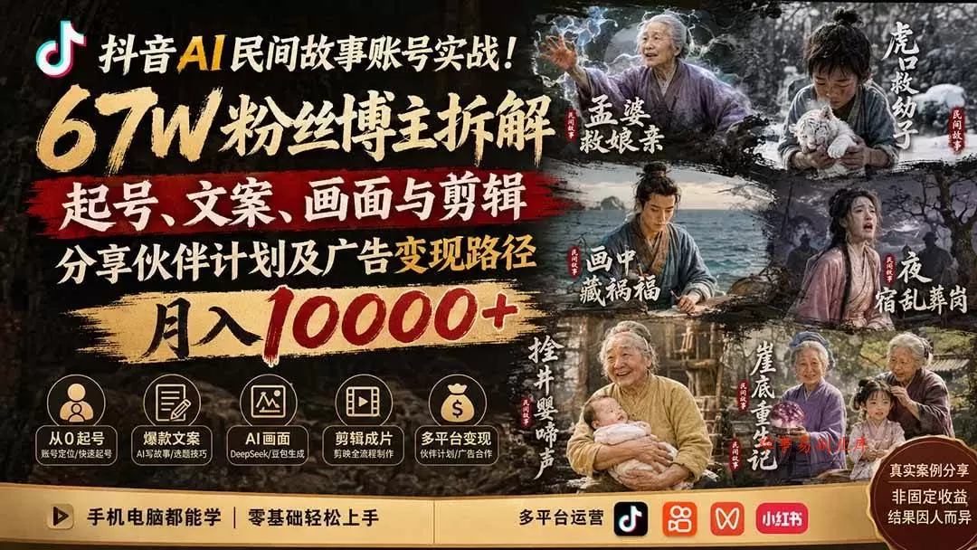 (19738期)抖音AI民间故事账号实战!67W粉丝博主拆解起号、文案、画面与剪辑,分享伙伴计划及广告变现路径,月入10000+ (19738期)抖音AI民间故事账号实战!67W粉丝博主拆解起号、文案、画面与剪辑,分享伙伴计划及广告变现路径,月入10000+