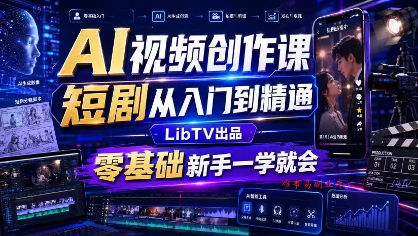 AI视频创作课，短剧从入门到精通，LibTV出品，零基础新手一学就会-难事易副业库