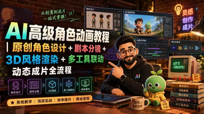 AI高级角色动画教程｜原创角色设计+剧本分镜+3D风格渲染+多工具联动动态成片全流程【中英字幕】-难事易副业库