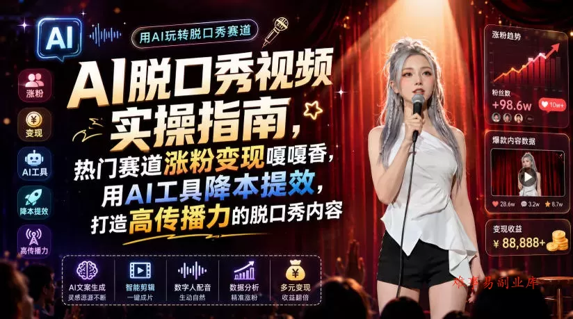 AI脱口秀视频实操指南，热门赛道涨粉变现嘎嘎香，用AI工具降本提效，打造高传播力的脱口秀内容-难事易副业库