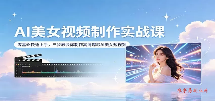 AI美女视频制作实战课：零基础快速上手，三步教会你制作高清爆款AI美女短视频-难事易副业库
