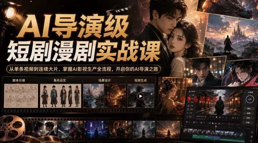 AI导演级短剧漫剧实战课，从单条视频到连续大片，掌握AI影视生产全流程，开启你的AI导演之路!-难事易副业库
