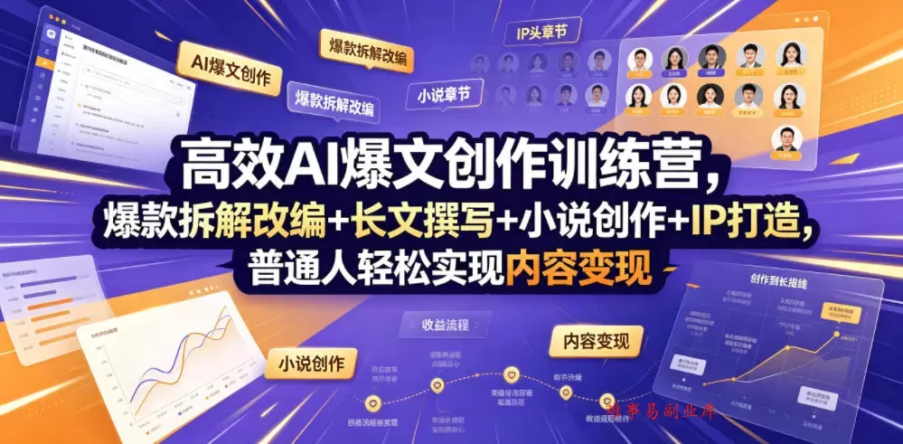 高效AI爆文创作训练营，爆款拆解改编+长文撰写+小说创作+IP打造，普通人轻松实现内容变现-难事易副业库
