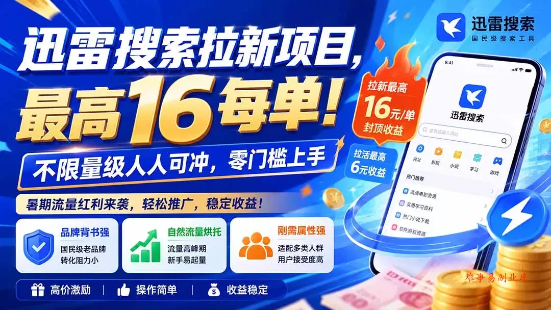 迅雷搜索拉新项目，最高16每单！不限量级人人可冲，零门槛上手(更新0813-难事易副业库