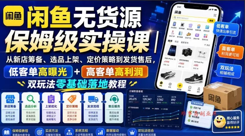 闲鱼无货源保姆级实操课｜从新店筹备、选品上架、定价策略到发货售后，低客单高曝光+高客单高利润双玩法零基础落地教程-难事易副业库