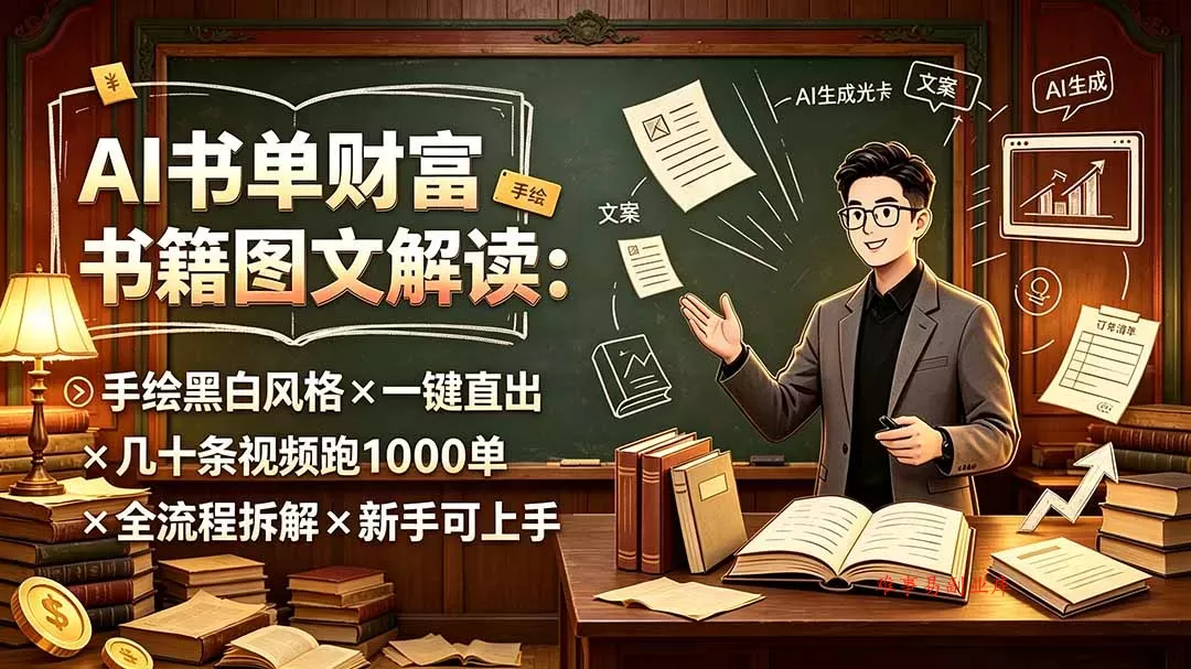 AI书单财富书籍图文解读：手绘黑白风格×一键直出×几十条视频跑1000单×全流程拆解×新手可上手-难事易副业库