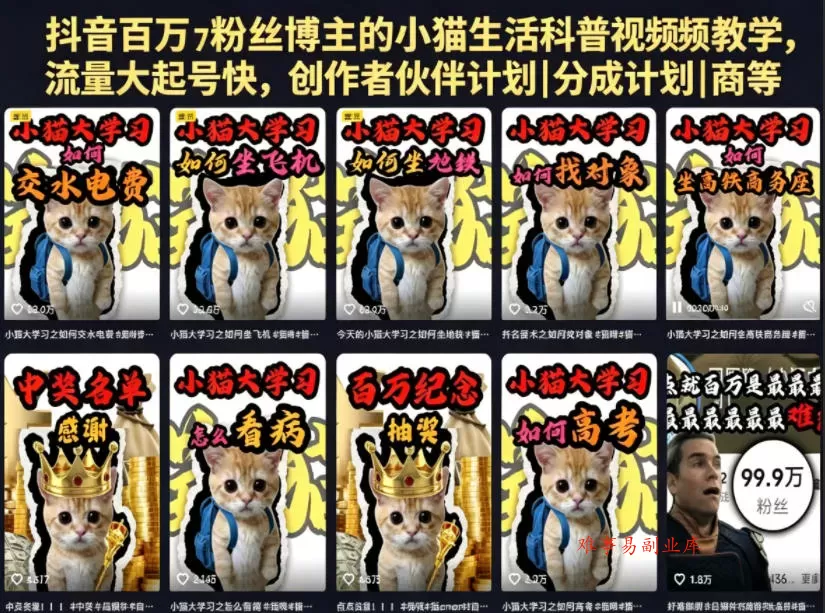 抖音百万粉丝博主的小猫生活科普视频教学，流量大起号快，创作者伙伴计划|分成计划|商单|收徒等-难事易副业库