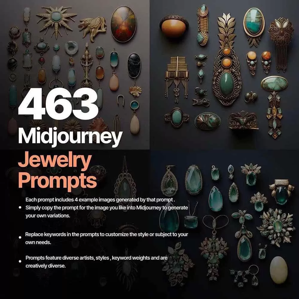 （17272期）460+专业Midjourney珠宝摄影AI提示词+成效果图，戒指/项链/耳环/手链/宝石/及奢侈配饰等全品类