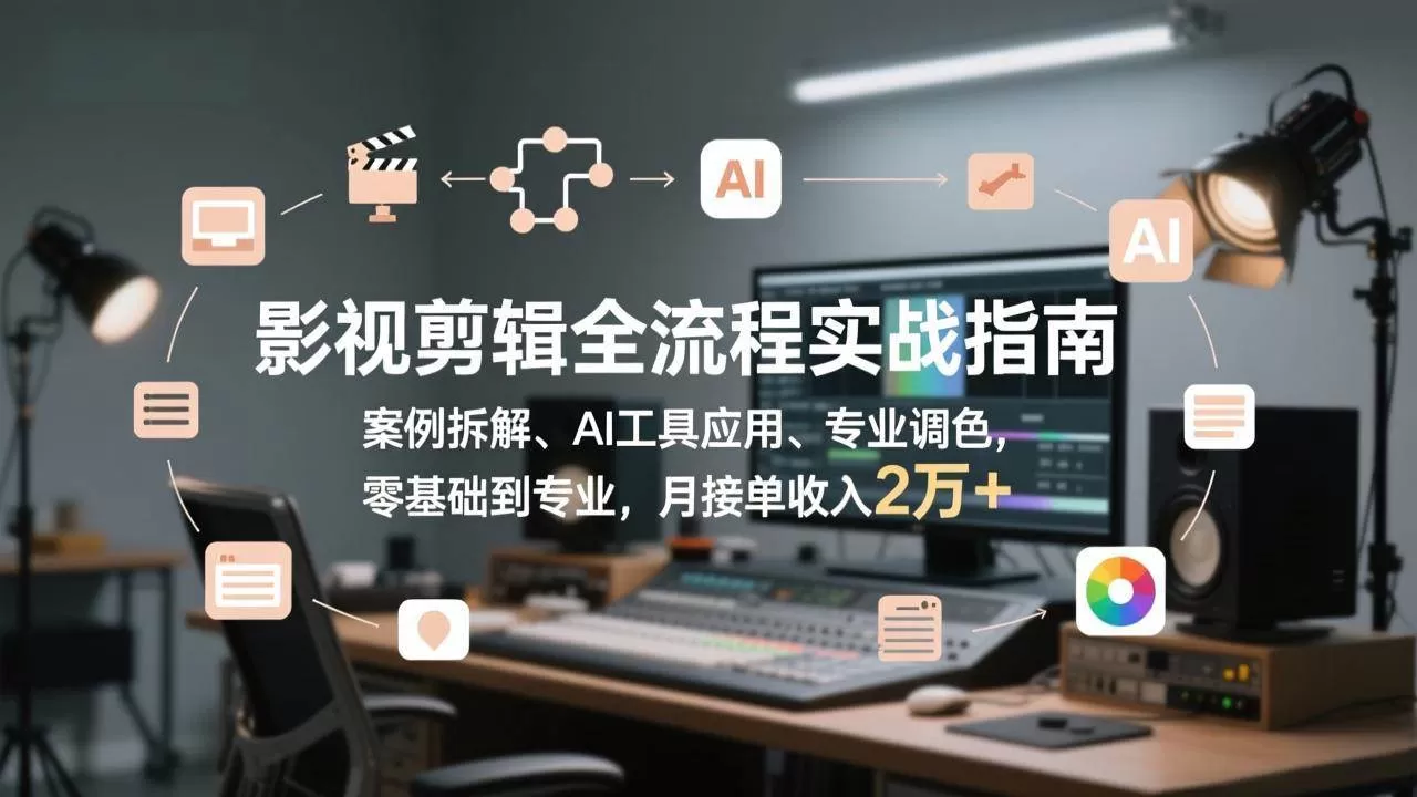（17338期）影视剪辑全流程实战指南，案例拆解、AI工具应用、专业调色，零基础到专业，月接单收入2万+