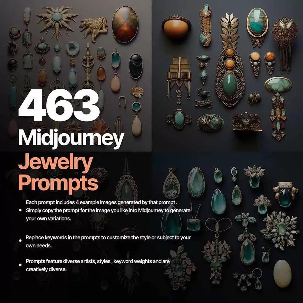 463个Midjourney珠宝摄影提示词：覆盖全品类珠宝，AI设计秒出专业效果
