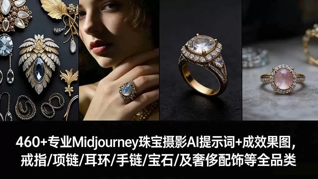 （17272期）460+专业Midjourney珠宝摄影AI提示词+成效果图，戒指/项链/耳环/手链/宝石/及奢侈配饰等全品类