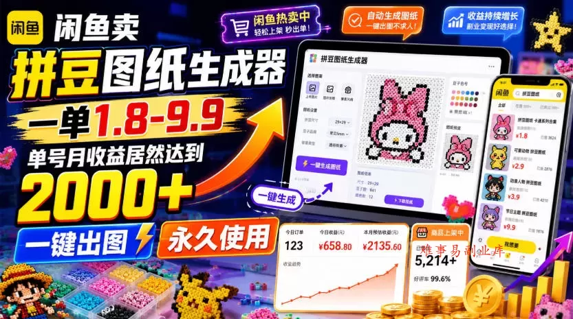 闲鱼卖拼豆图纸生成器，一单1.8-9.9，单号月收益居然达到2000+一键出图永久使用-难事易副业库