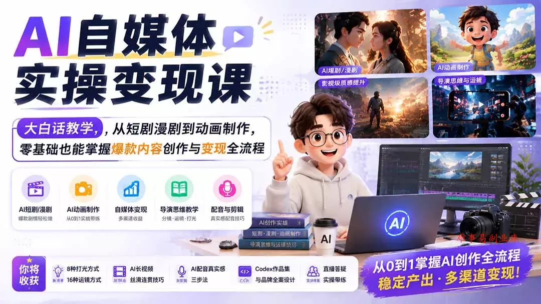AI自媒体实操变现课|大白话教学,从短剧漫剧到动画制作,零基础也能掌握爆款内容创作与变现全流程 AI自媒体实操变现课|大白话教学,从短剧漫剧到动画制作,零基础也能掌握爆款内容创作与变现全流程