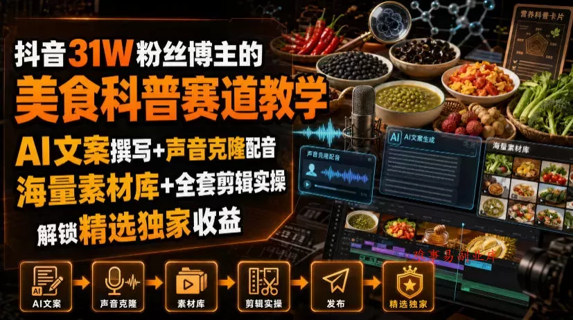 抖音31W粉丝博主的美食科普赛道教学，AI文案撰写+声音克隆配音+剪辑实操，解锁精选独家收益-难事易副业库