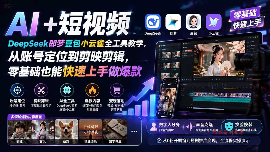 AI+短视频｜DeepSeek即梦豆包小云雀全工具教学，从账号定位到剪映剪辑，零基础也能快速上手做爆款-难事易副业库