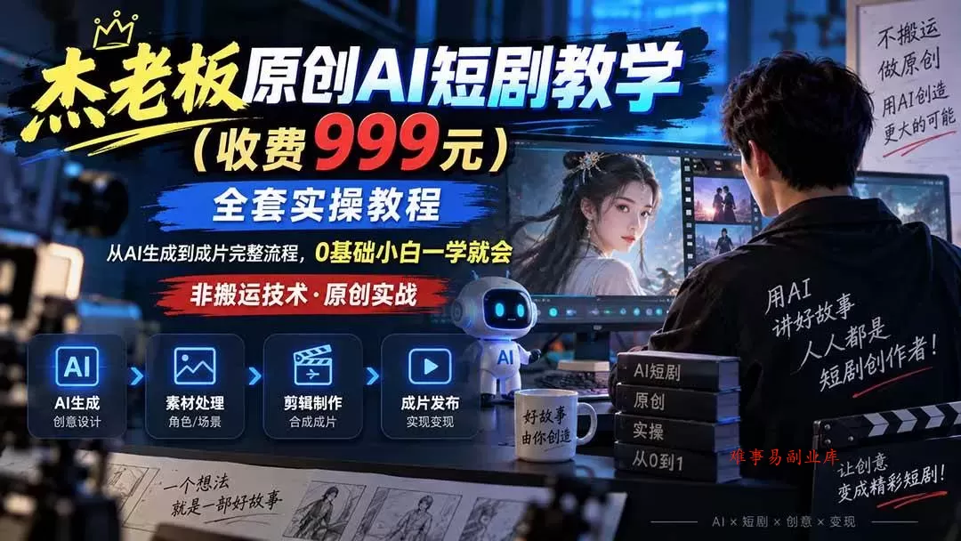 （20254期）杰老板原创AI短剧教学（收费999元），全套实操教程，0基础小白一学就会，非搬运技术-难事易副业库