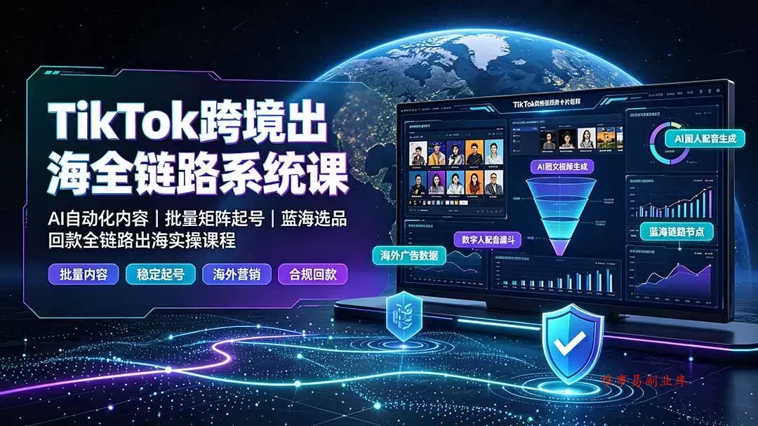 （19425期）TikTok跨境出海全链路系统课-2026年7月：AI自动化内容｜批量矩阵起号｜蓝海选品回款全链路出海实操课程-难事易副业库