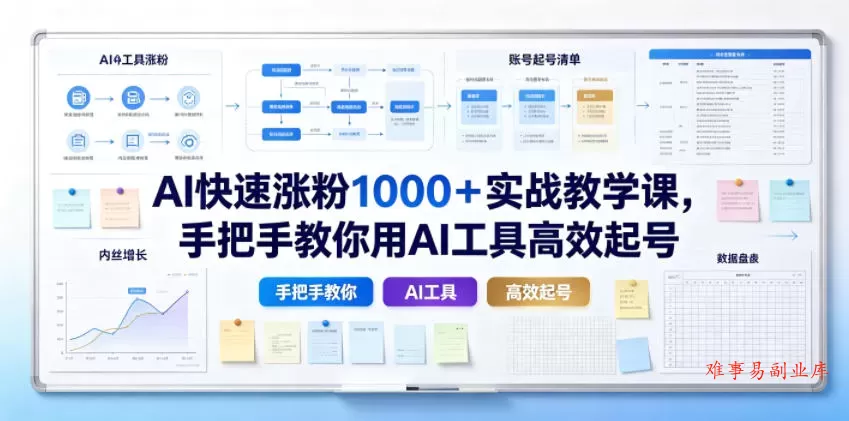 AI快速涨粉1000＋实战教学课，手把手教你用AI工具高效起号-难事易副业库