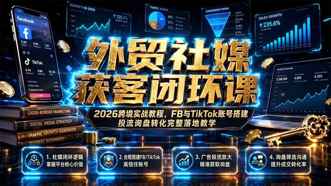 外贸社媒获客闭环课｜2026跨境实战教程，FB与TikTok账号搭建投流询盘转化完整落地教学-难事易副业库