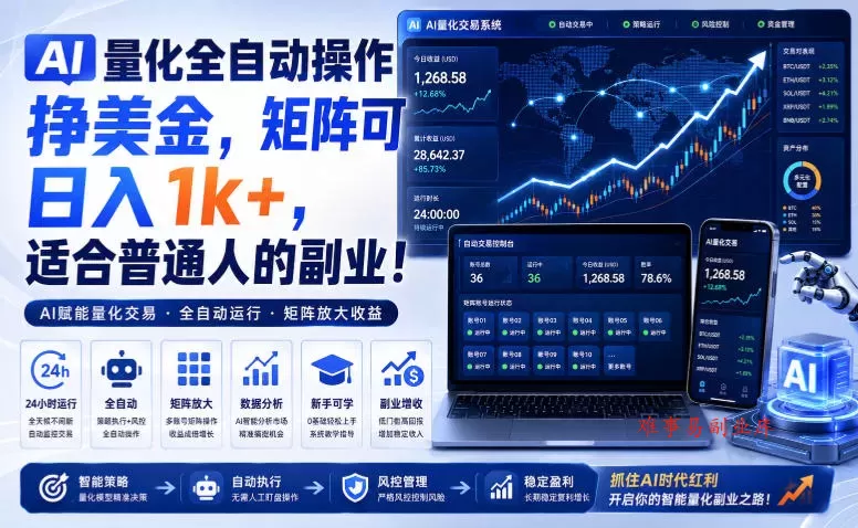 AI量化全自动操作挣美金，矩阵可日入1k+，适合普通人的副业！【揭秘】-难事易副业库