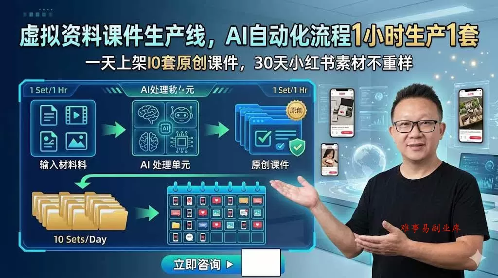（19091期）虚拟资料课件生产线，AI自动化流程1小时生产1套，一天上架10套原创课件，30天小红书素材不重样-难事易副业库