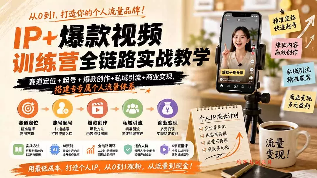 IP+爆款视频训练营全链路实战教学；赛道定位+起号+爆款创作+私域引流+商业变现，搭建专属个人流量体系-难事易副业库