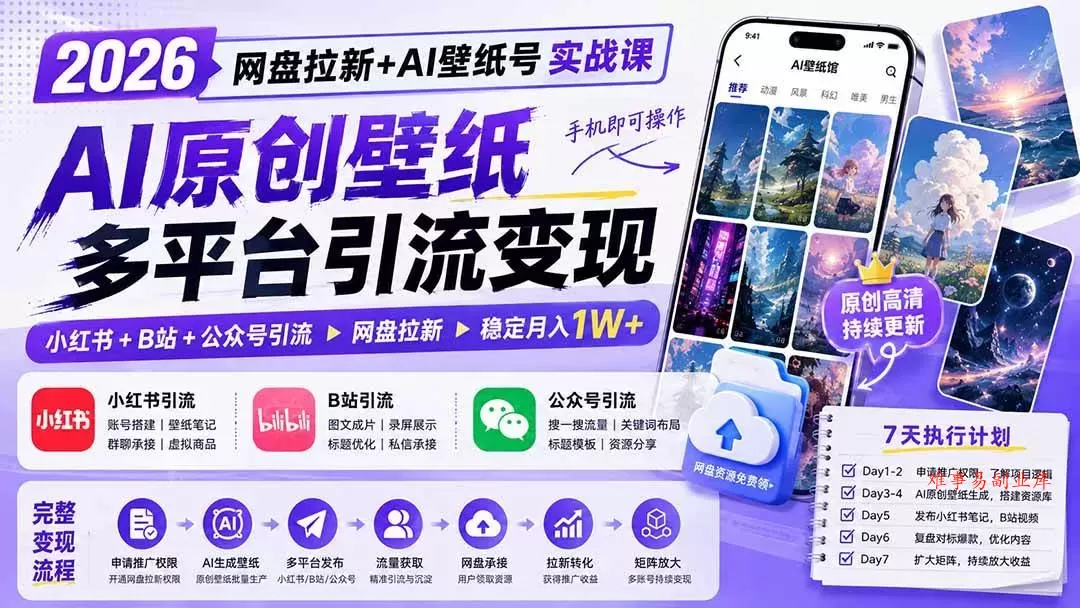 （19732期）2026网盘拉新+AI壁纸号实战课：AI原创壁纸+小红书+B站+公众号引流，手机即可操作，月入1W+-难事易副业库