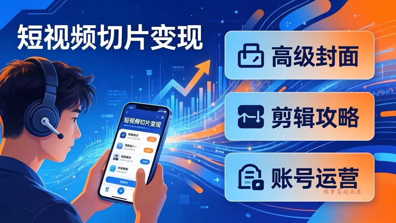 短视频切片变现速成班2.0：高级封面+剪辑攻略+账号运营，0基础小白快速入局副业-难事易副业库
