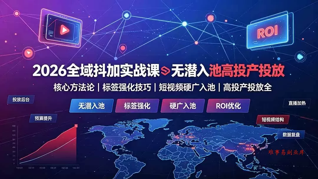 （19341期）2026全域抖加实战课：无潜入池核心方法论｜标签强化技巧｜短视频硬广入池｜高投产投放全教程-难事易副业库