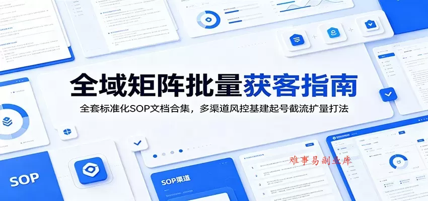 全域矩阵批量获客指南：全套标准化SOP文档合集，多渠道风控基建起号截流扩量打法-难事易副业库