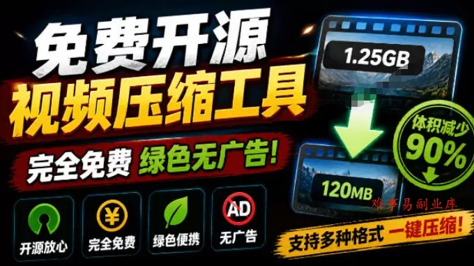 Github开源视频压缩瘦身工具，轻松压缩90%，并保持画质清晰，完全免费绿色无广告！VideoSlim-难事易副业库