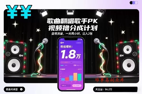 歌曲翻唱歌手PK视频撸分成计划，自带流量，一天两小时，日入2张-难事易副业库