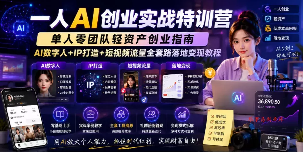 一人AI创业实战特训营，单人零团队轻资产创业指南，AI数字人+IP打造+短视频流量全套路落地变现教程-难事易副业库