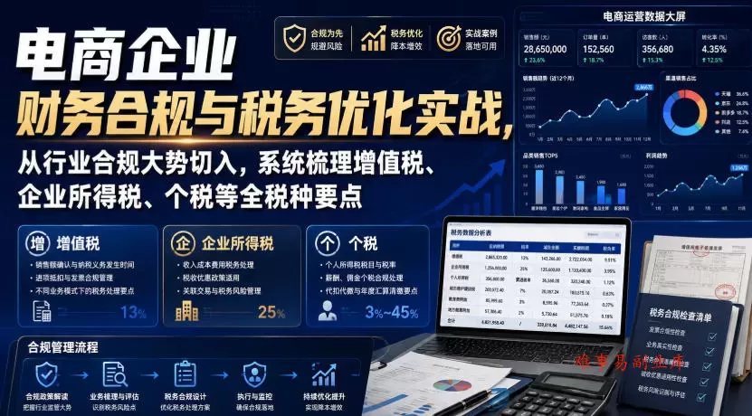电商企业财务合规与税务优化实战，从行业合规大势切入，系统梳理增值税、企业所得税、个税等全税种要点-难事易副业库