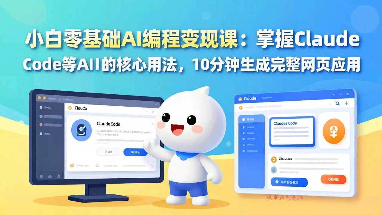小白零基础AI编程变现课：掌握Claude Code等AI工具的核心用法，10分钟生成完整网页应用-难事易副业库