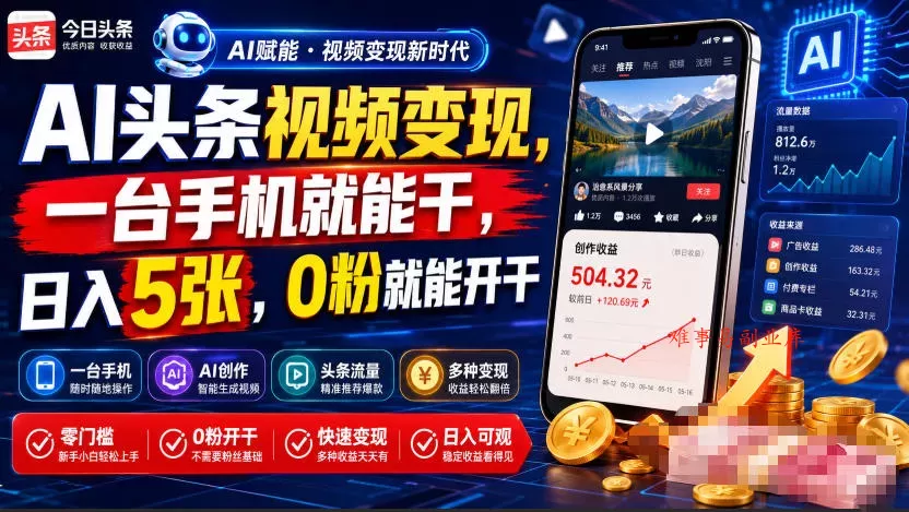 AI头条视频变现，一台手机就能干，日入5张，0粉就能开干-难事易副业库